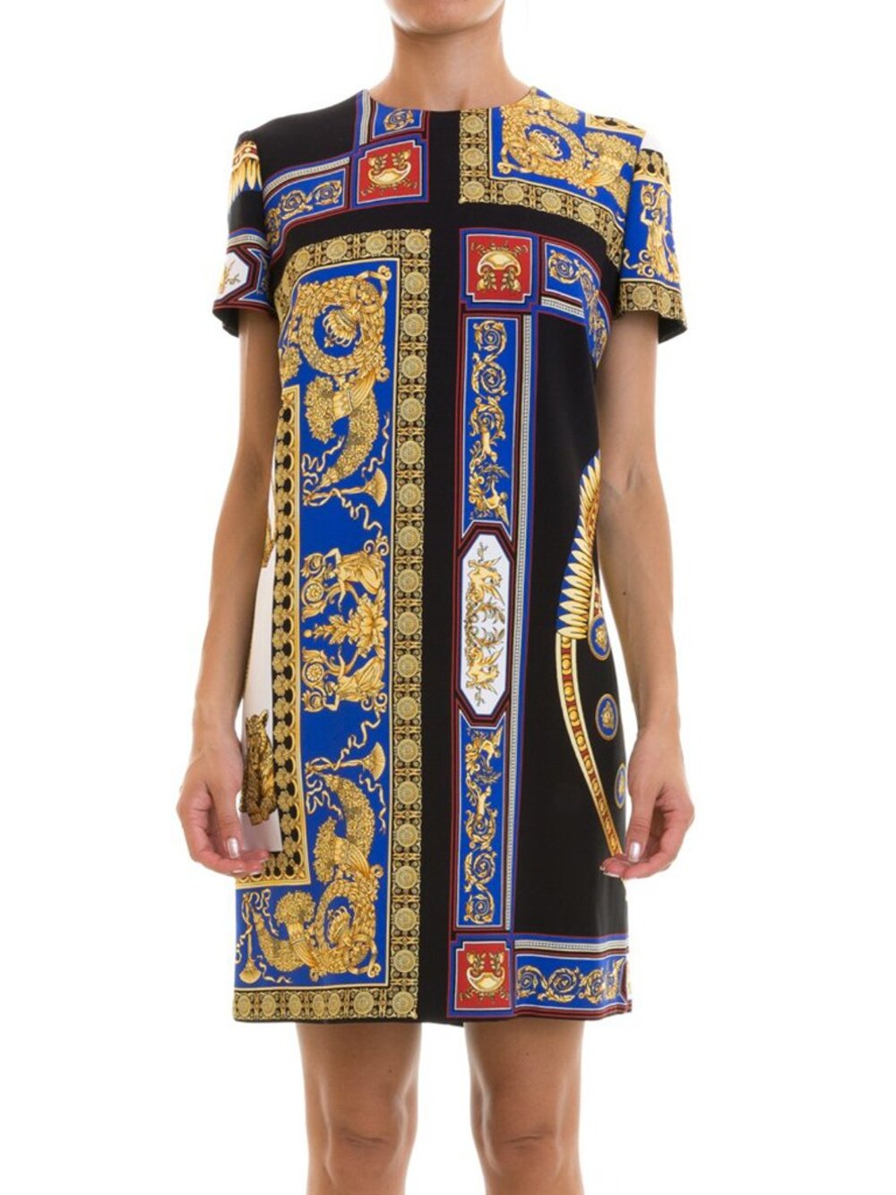 Versace Jeans Couture Blue Gold Black Baroque Print Shift Mini Dress IT 46